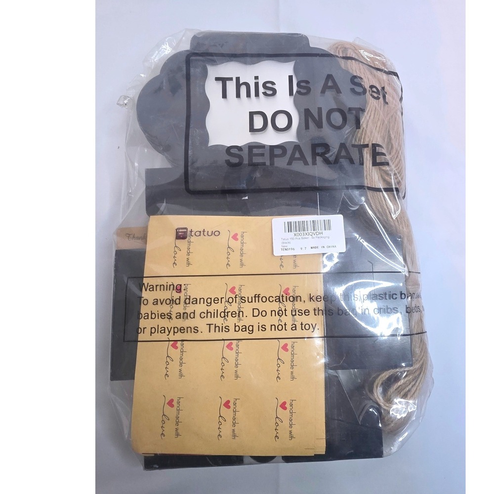 Tatuo 150 Pcs Bakery Packaging Set Black Gift Boxes Twine Stickers Tags 4x4